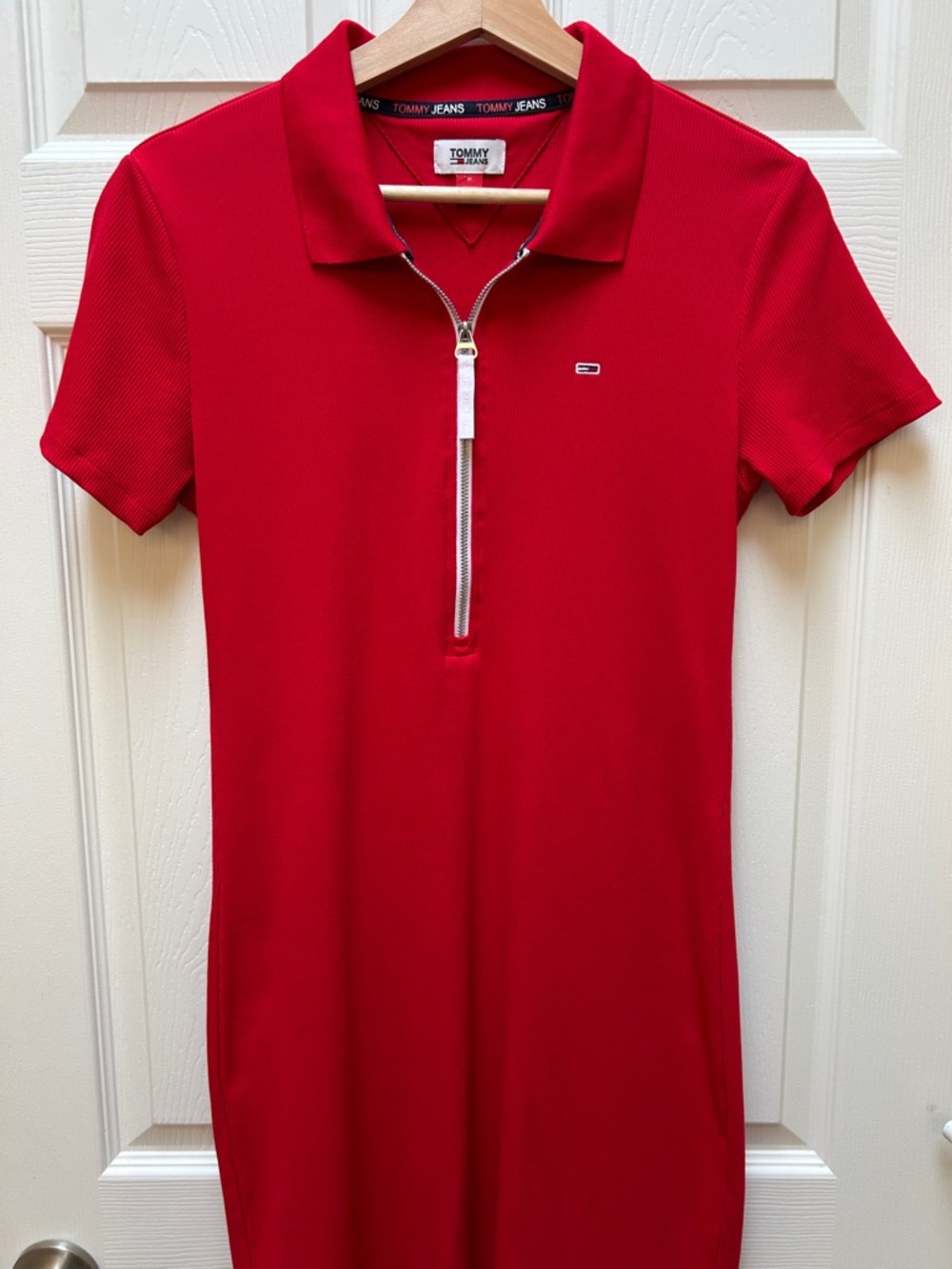 Tommy Jeans Women's Zip-Up Red Ribbed Polo Zip Dress Size Medium Like New